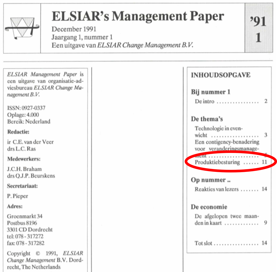 Inhoudsopgave van ELSIAR’s Management Paper, december 1991, met verwijzing naar het artikel Productiebesturing.