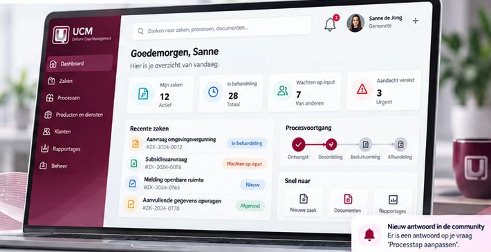 Illustratief ontwerp van een UCM dashboard met zaken, procesvoortgang en meldingen